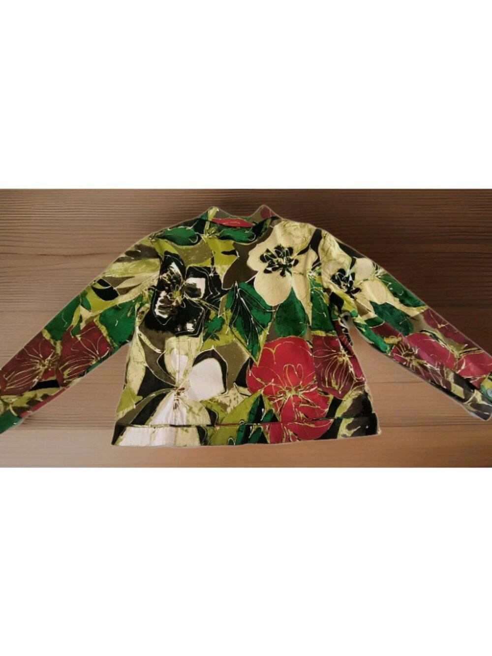 Chicos Women Size 3 Green Floral Button Front Long Sleeve Collared Jacket - Picture 4 of 14